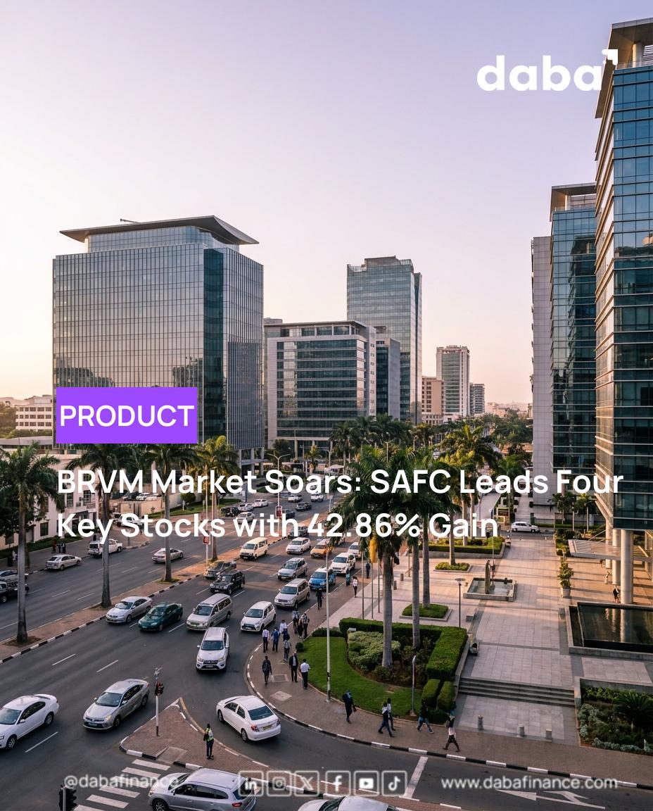 Chart showing upward trend of BRVM stocks with logos of Safca Côte d'Ivoire, Bank of Africa - Mali, CFAO Motors Côte d'Ivoire, and Vivo Energy Côte d'Ivoire.