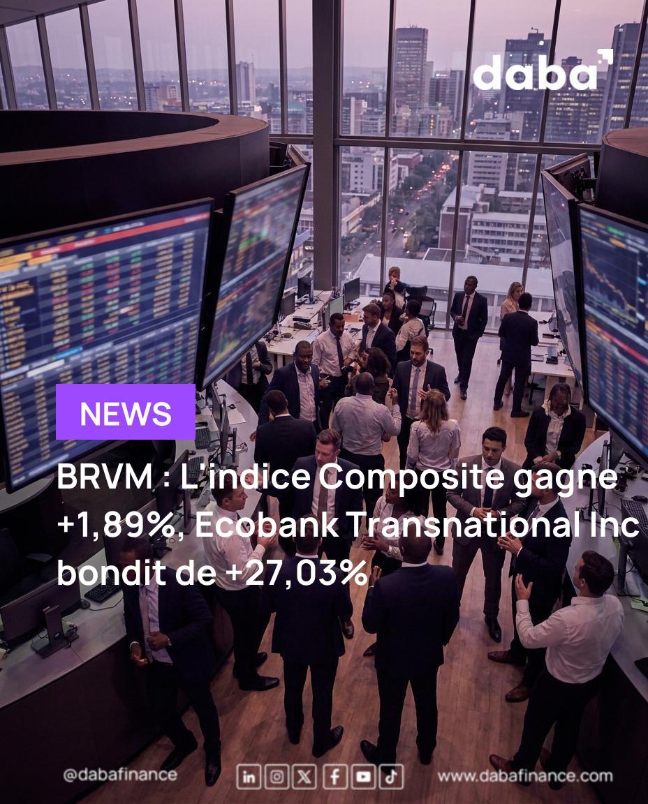 Graphique boursier montrant une tendance haussière avec le logo Daba Finance et la BRVM en arrière-plan, symbolisant la croissance des marchés africains.