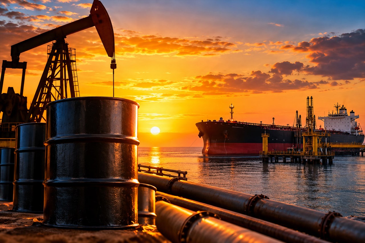 Un champ pétrolier au Congo avec des installations d'extraction et des raffineries sous un ciel clair.