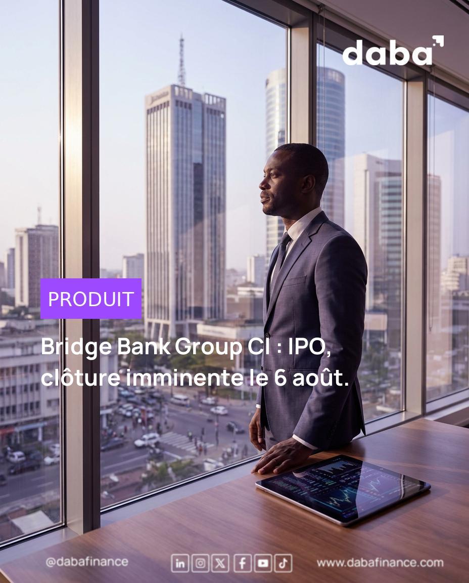 Image représentant l'IPO de Bridge Bank Group Côte d'Ivoire avec le logo de Daba Finance et des éléments d'investissement africain.