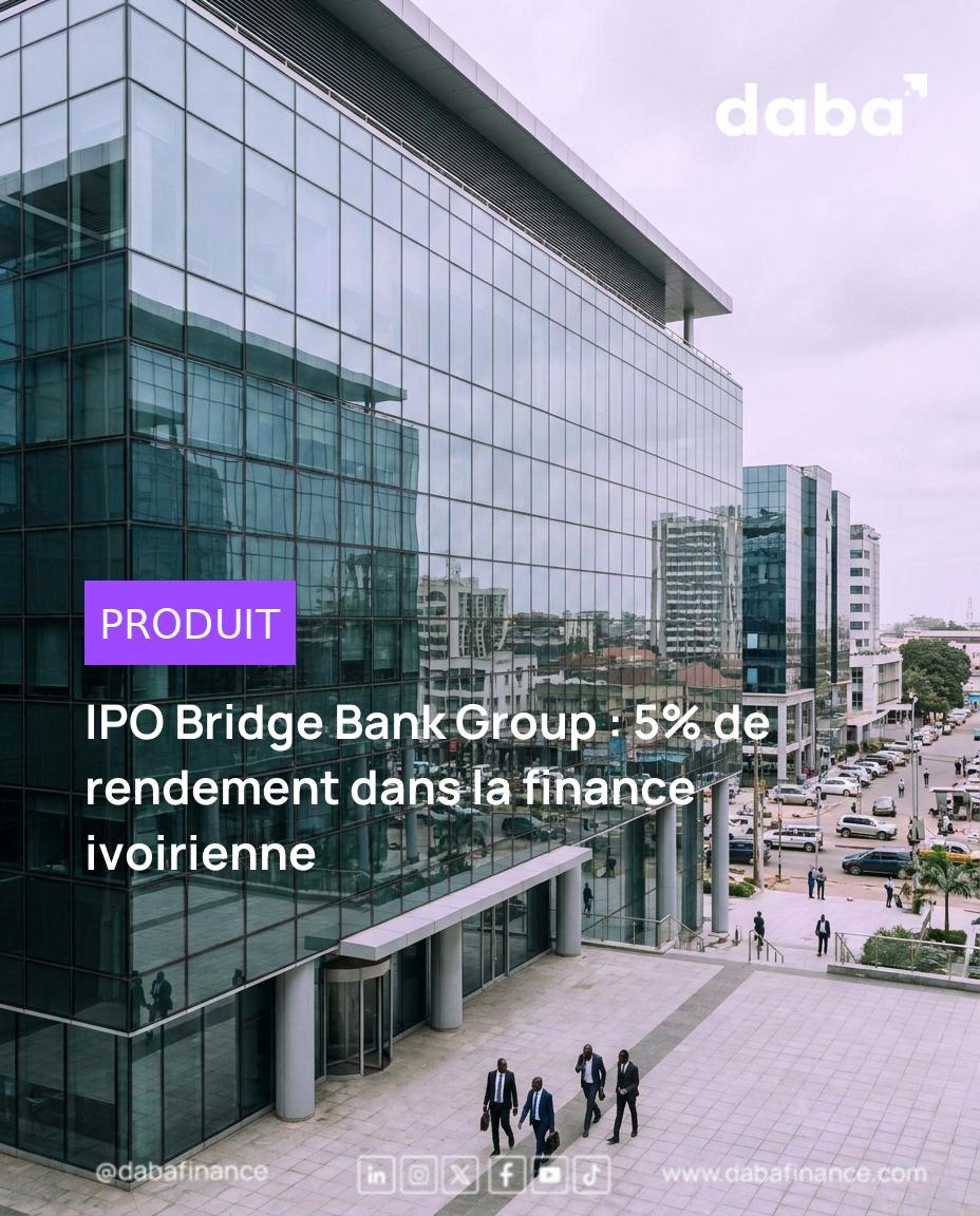 Graphique boursier et logo de Bridge Bank Group avec carte de la Côte d'Ivoire en arrière-plan