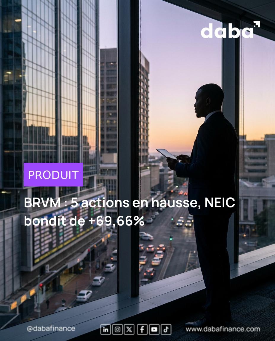 Graphique boursier montrant une tendance haussière avec les logos des entreprises NEIC, BOAC, FTSC, SPHC, UNLC et le logo BRVM.