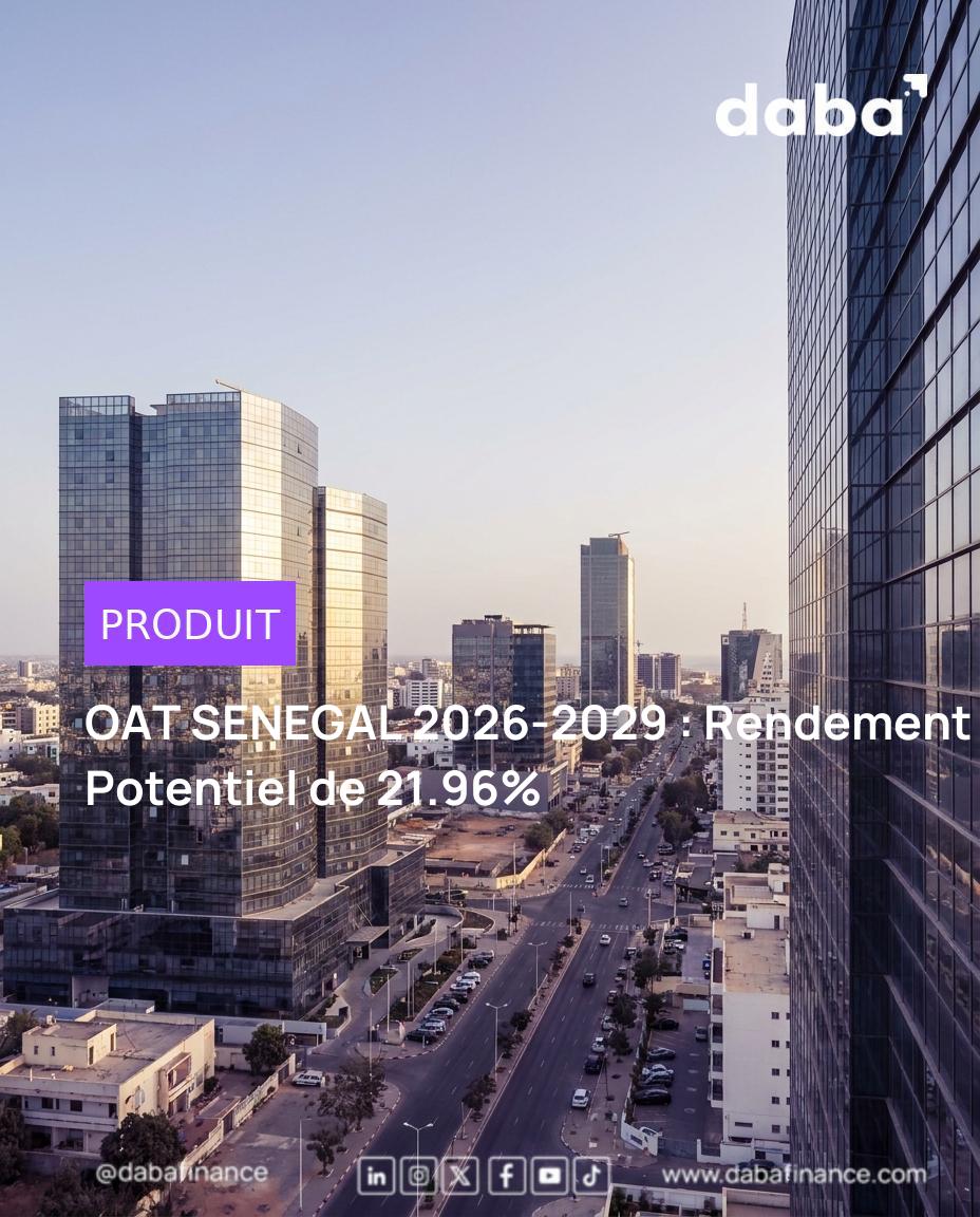 Graphique représentant la croissance économique du Sénégal avec l'OAT Sénégal 2026-2029 et le logo Daba Finance.