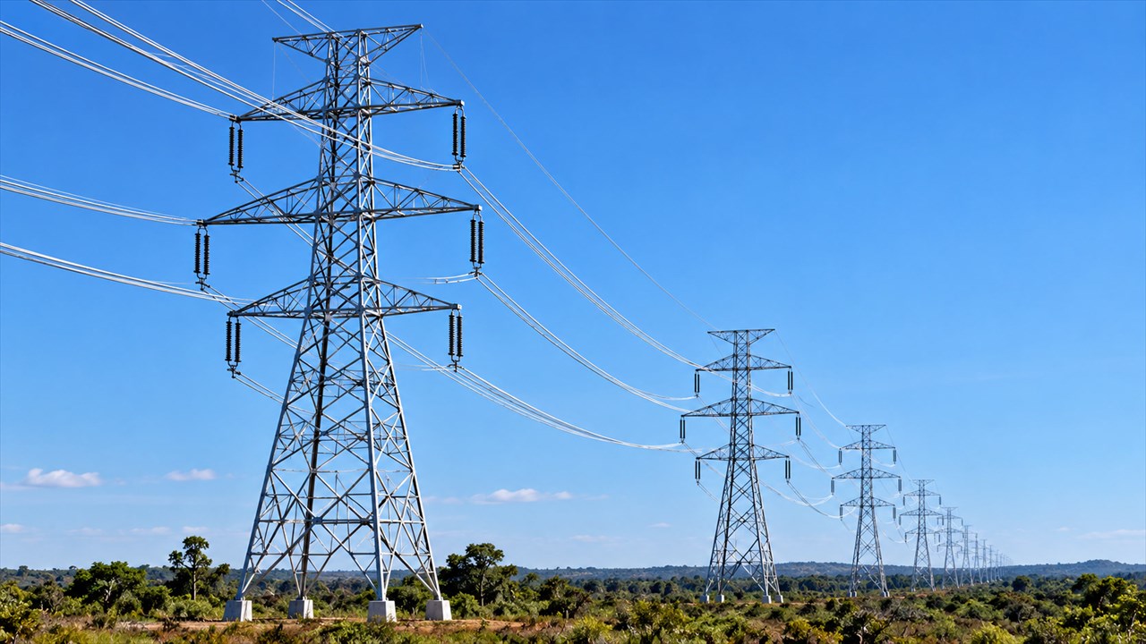 Ligne de transmission électrique traversant un paysage africain, symbolisant l'interconnexion entre la RDC et la Zambie.